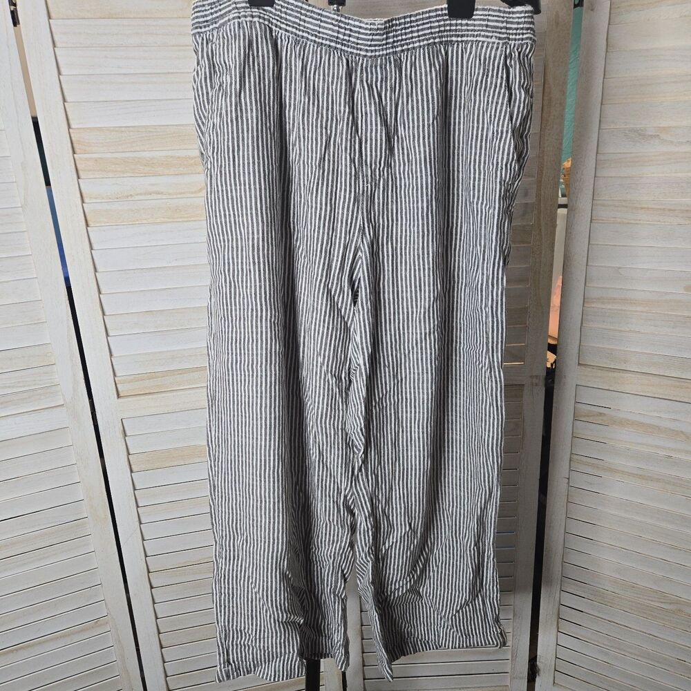 Old Navy Striped Linen Pants Wide Leg Gray & White L Drawstring Coastal Grandma